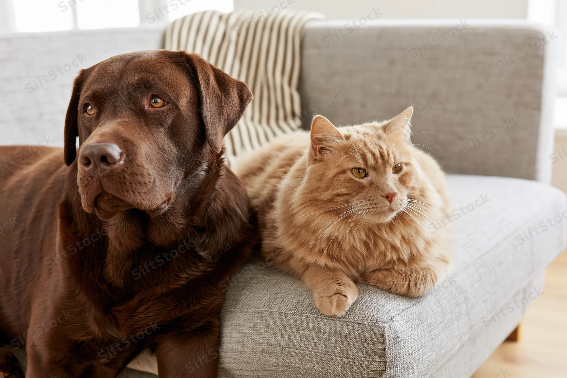 Chocolate labrador and orange tabby cat resting together on a gray couch