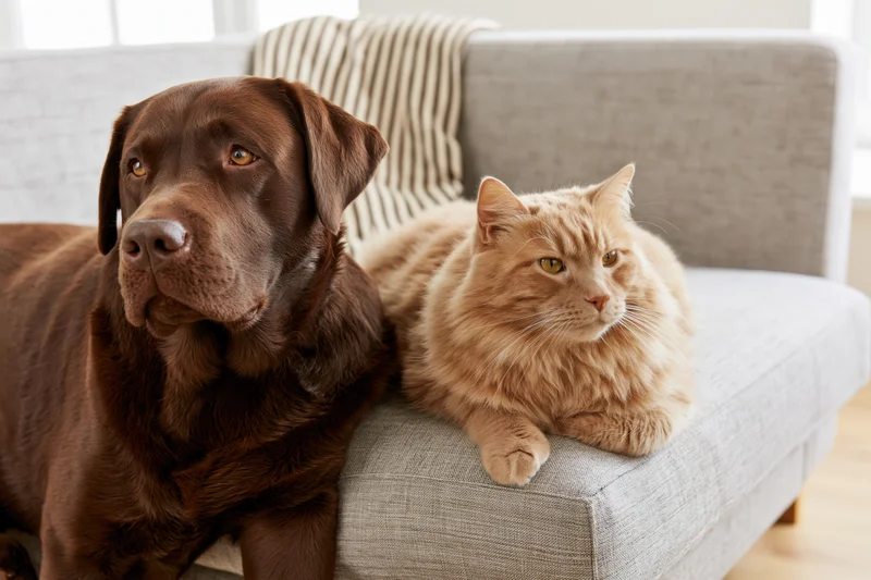 Chocolate labrador and orange tabby cat resting together on a gray couch