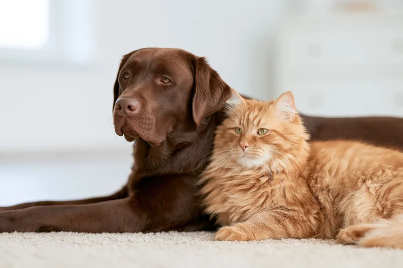 Chocolate labrador and ginger cat lying together on a light rug indoors