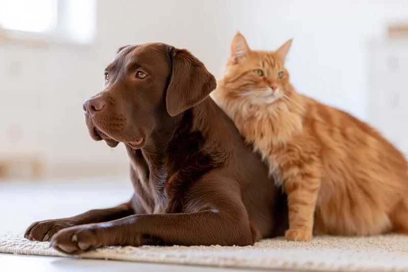 Chocolate labrador lying on light rug with fluffy ginger cat beside it indoors