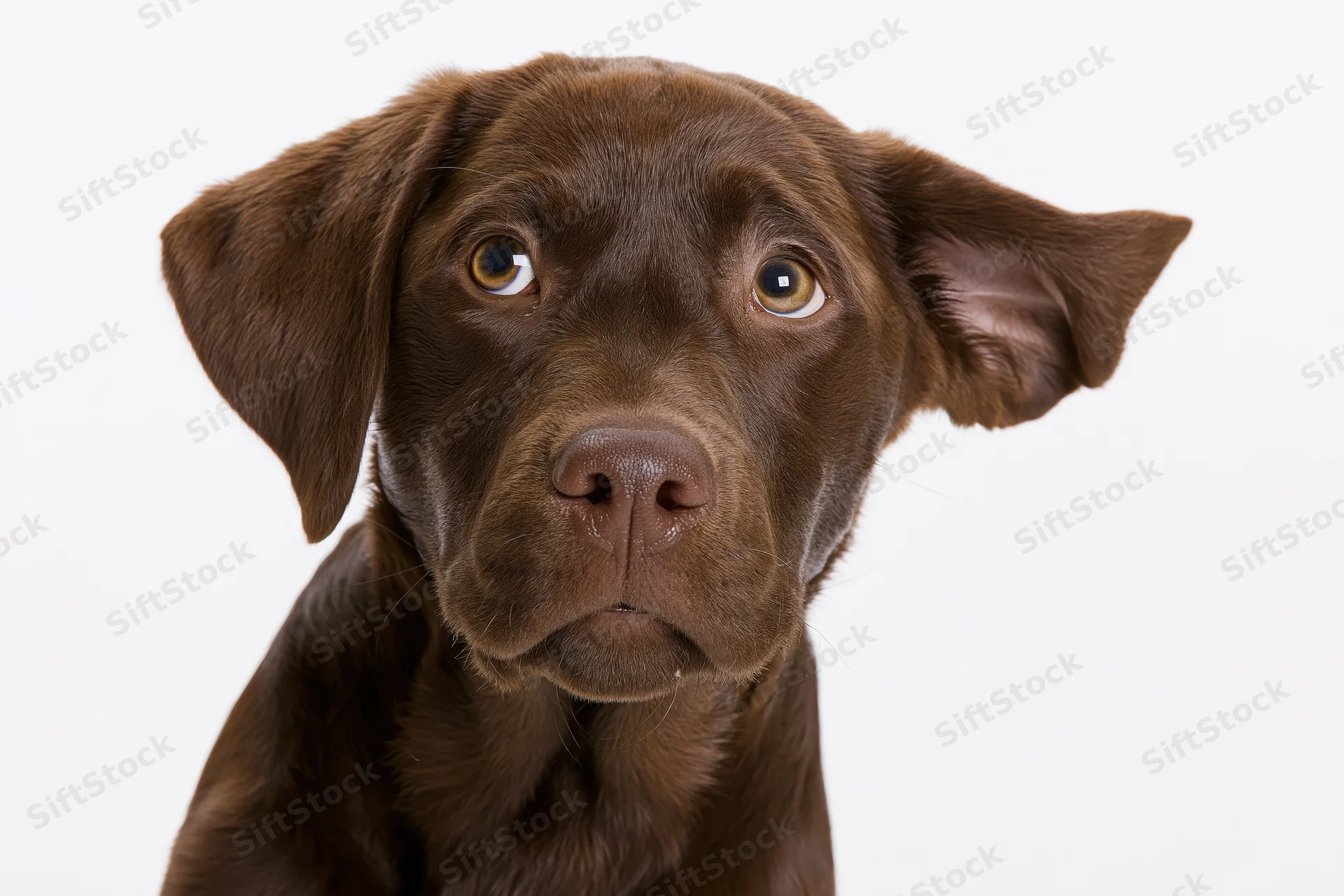 Chocolate labrador puppy tilting head curiously against white background