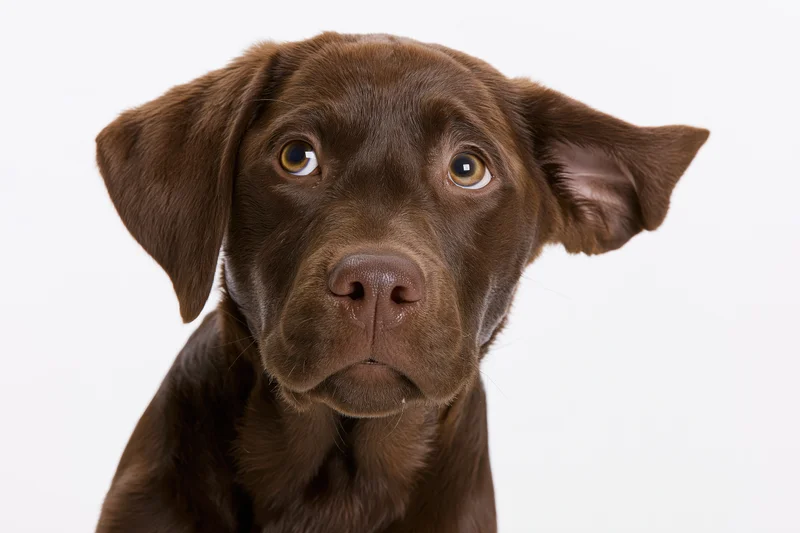 Chocolate labrador puppy tilting head curiously against white background