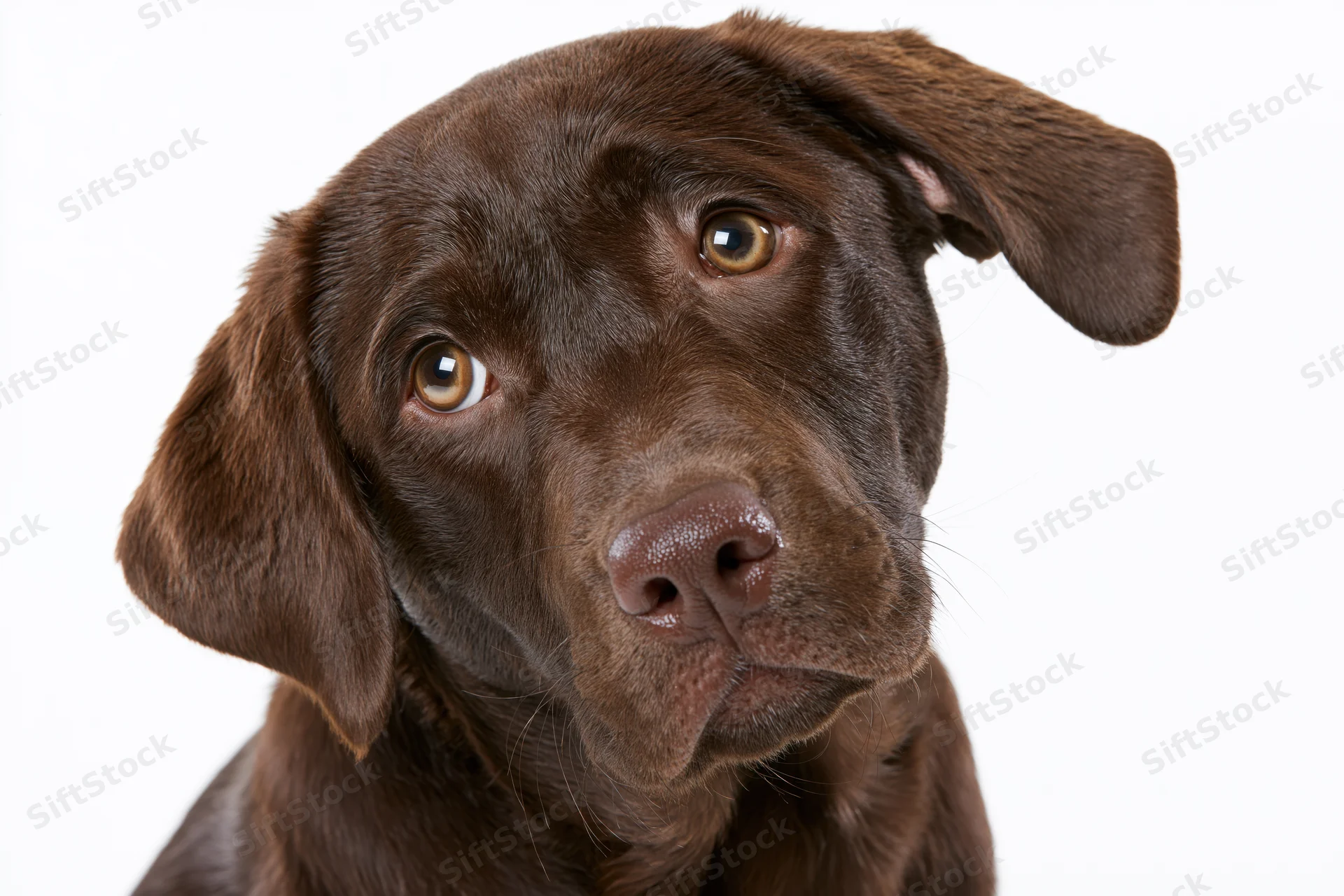 Chocolate labrador puppy tilting its head curiously against white background