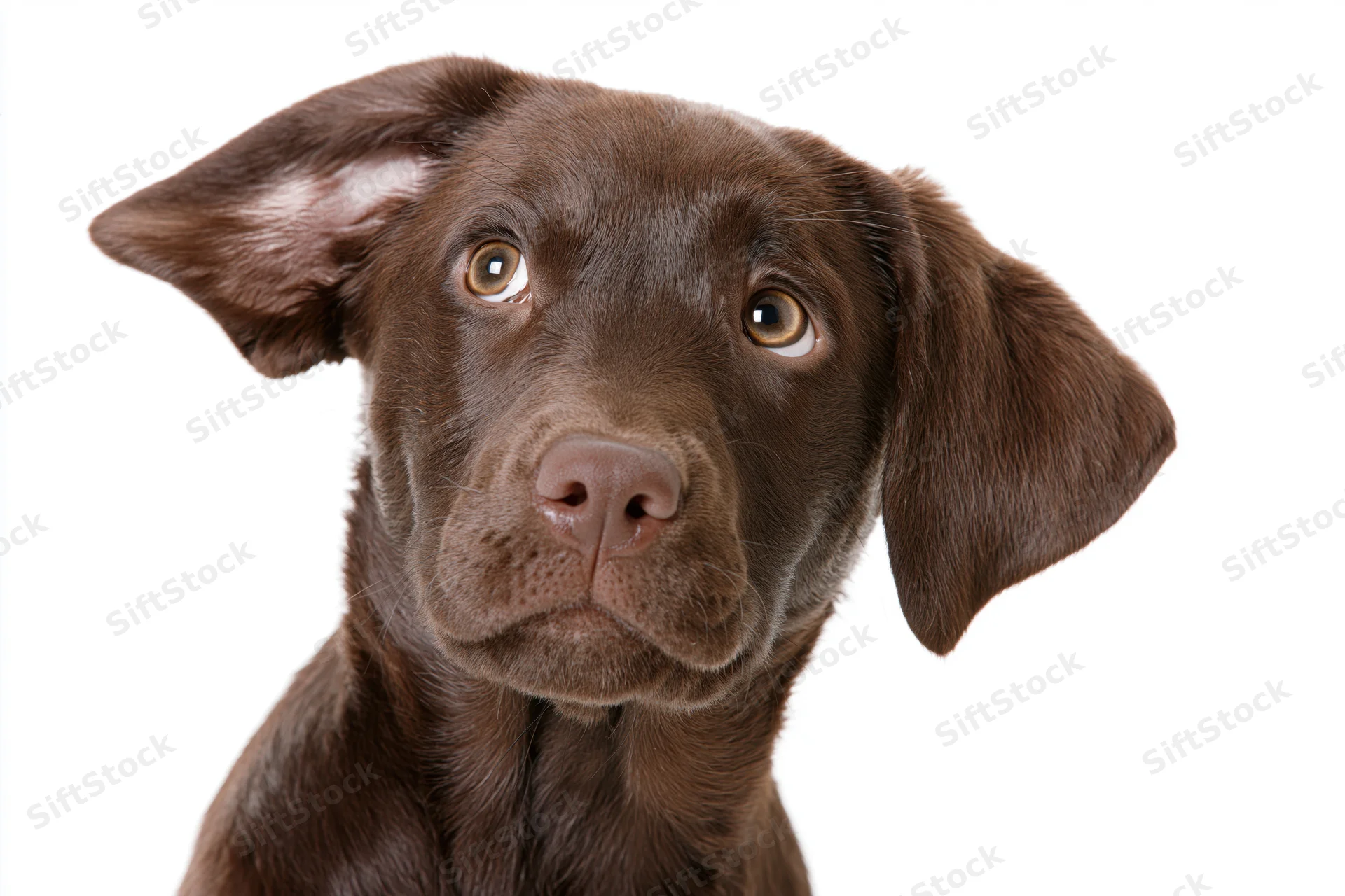 Chocolate labrador puppy tilting its head curiously against white background