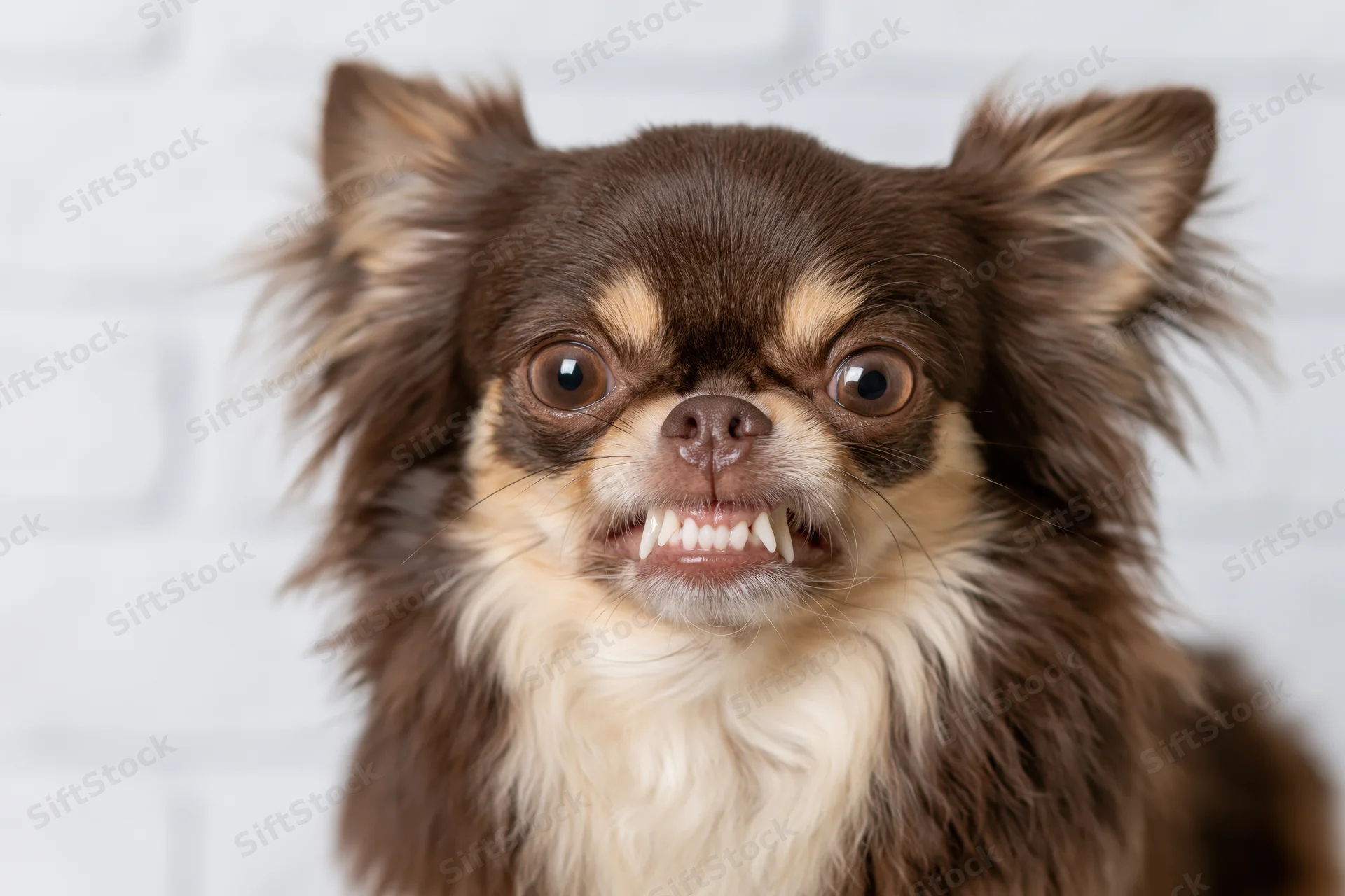 Long-haired chihuahua snarling with bared teeth against white brick background
