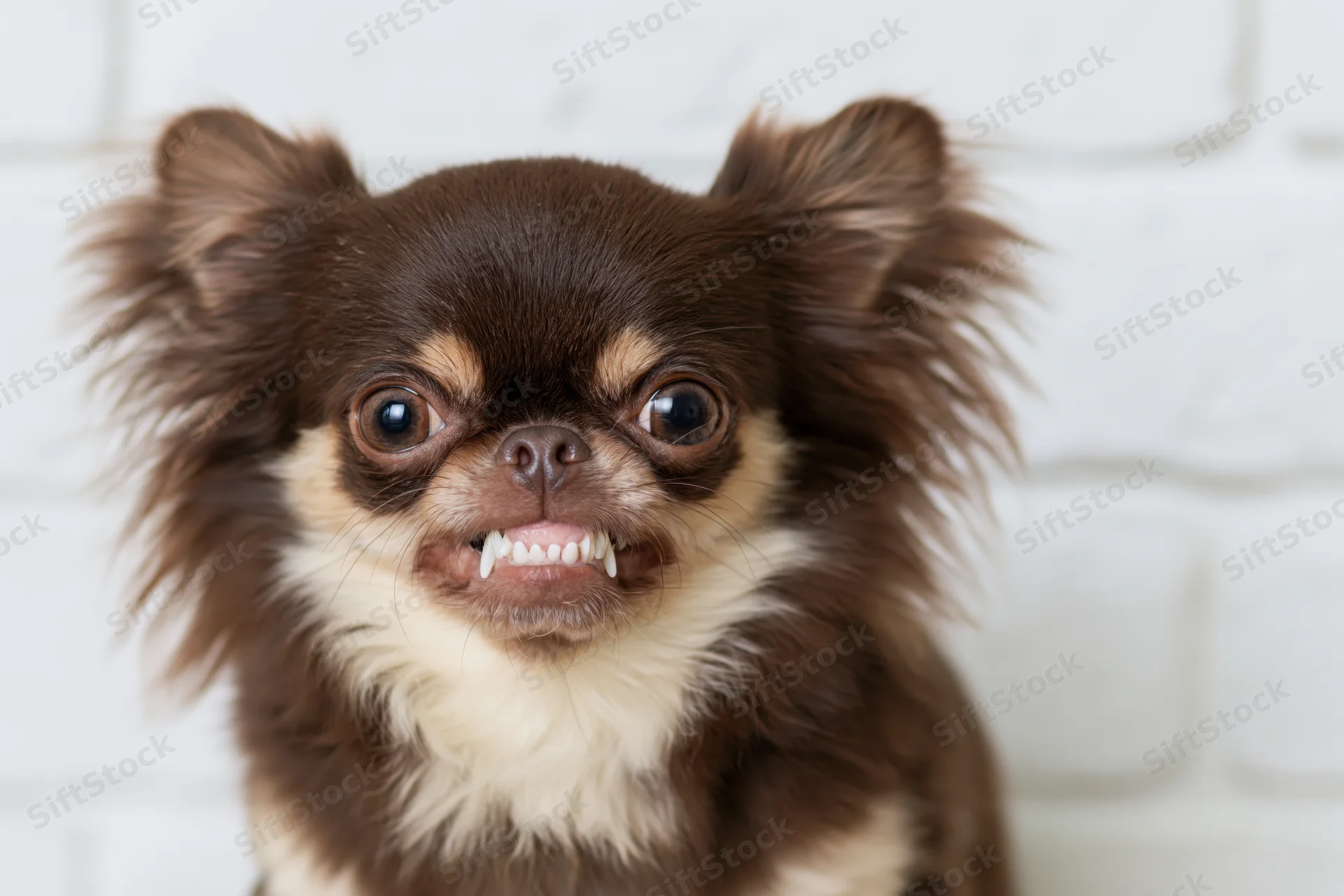 Longhaired chihuahua snarling with teeth bared against white brick wall