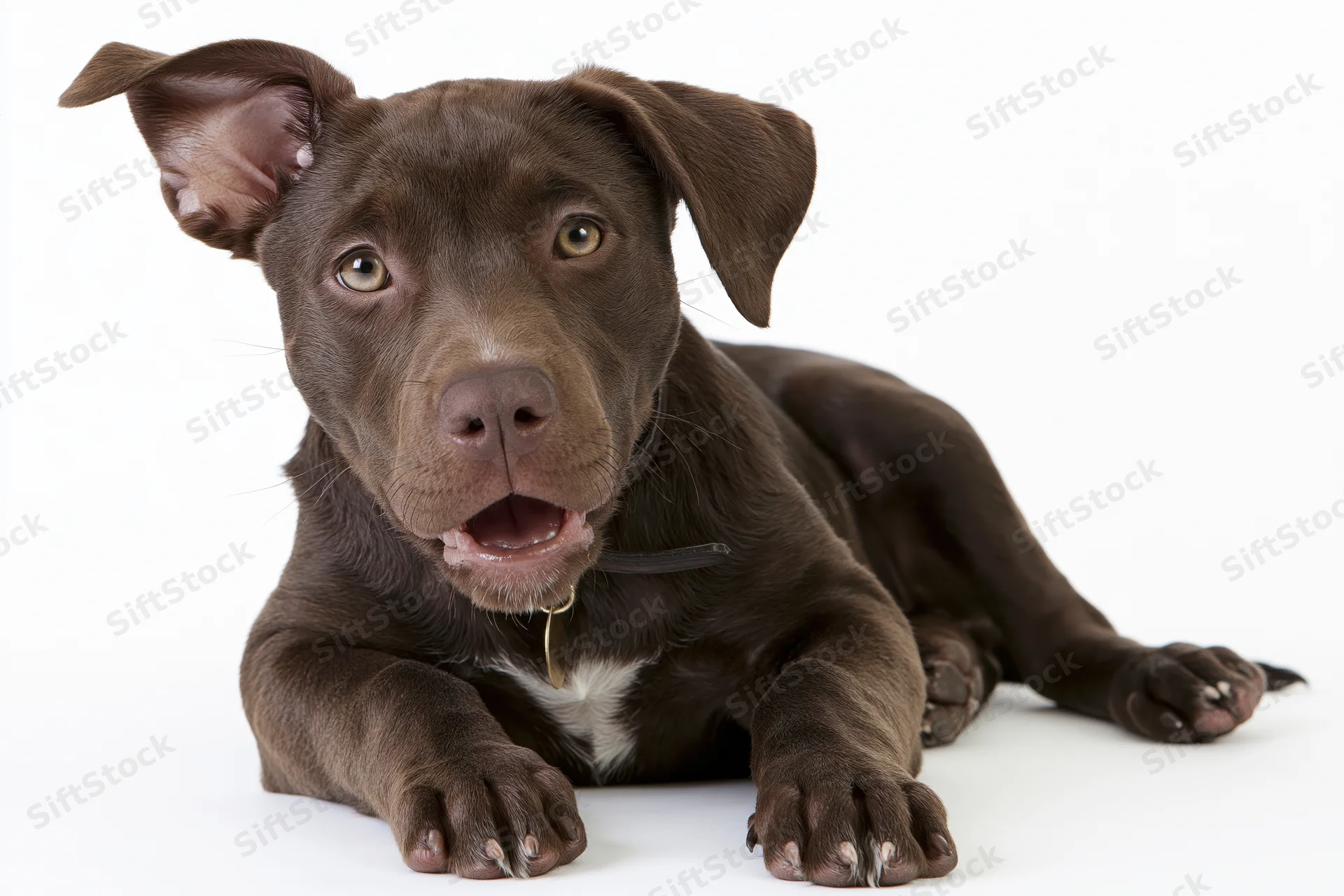 Chocolate brown mixed-breed puppy lying down with front paws on white background