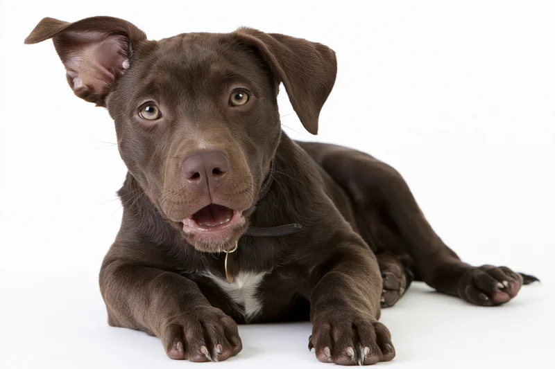 Chocolate brown mixed-breed puppy lying down with front paws on white background