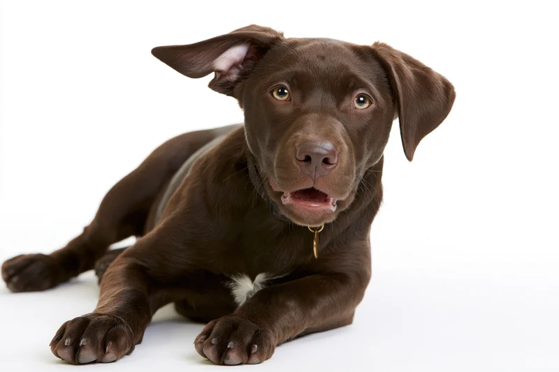 Chocolate brown mixed-breed puppy lying down with front paws on white background