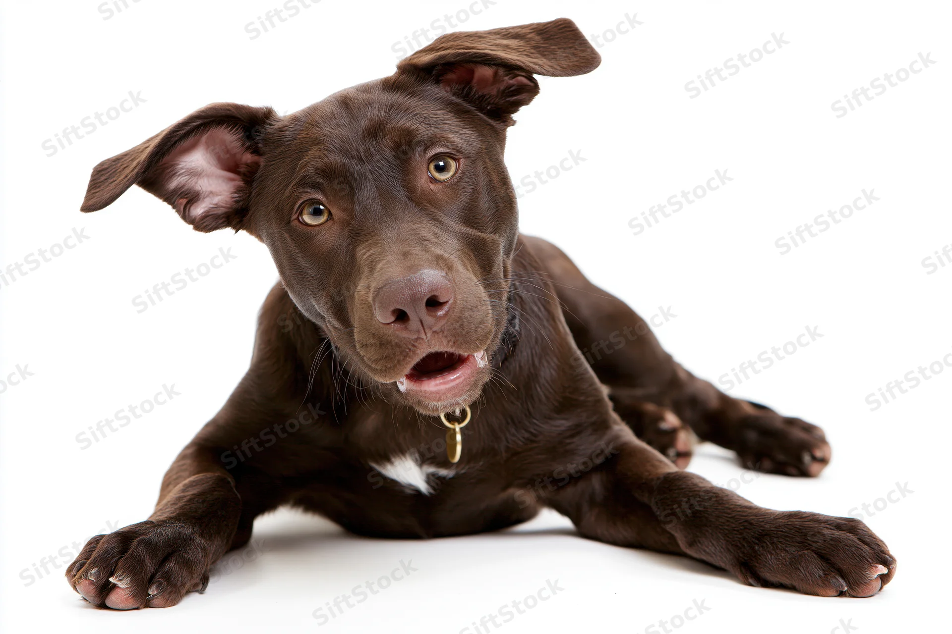 Chocolate brown mixed-breed puppy lying down with front paws extended on white background