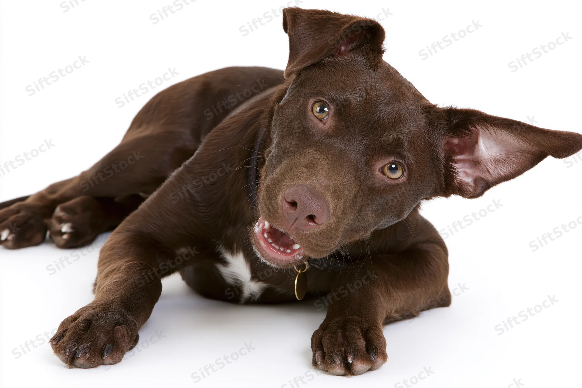 Chocolate brown mixed-breed puppy lying down with front paws on white background