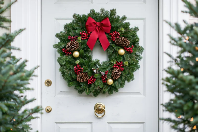 Christmas wreath with red bow and pine cones hanging on white door