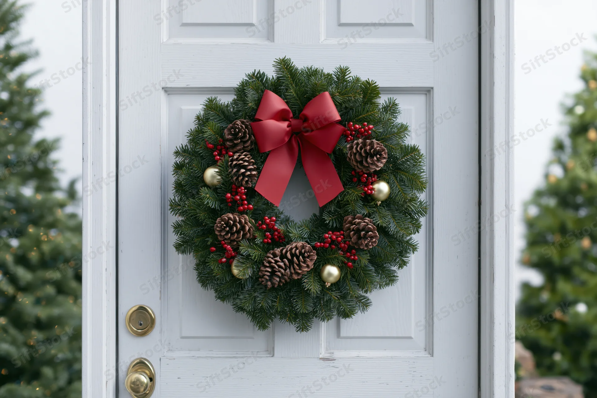 Christmas wreath with red bow and pine cones hanging on white front door