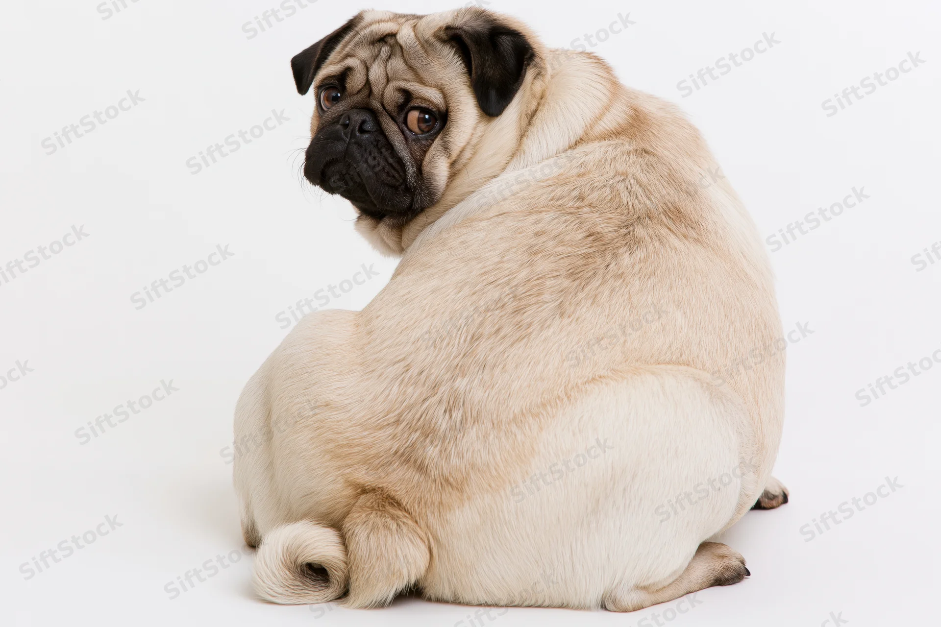 Chubby fawn pug sitting with back to camera head turned over shoulder in studio setting