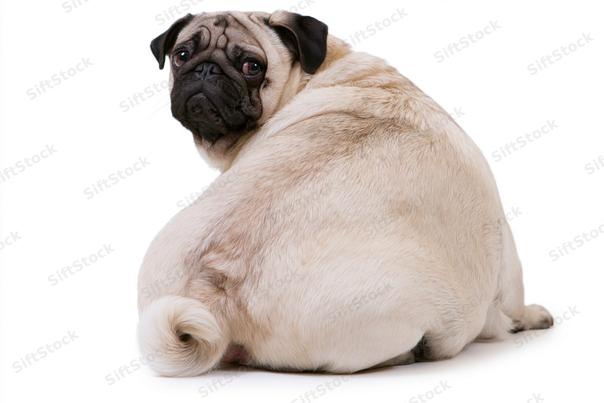 Chubby fawn pug sitting with back to camera head turned to look over shoulder on white background