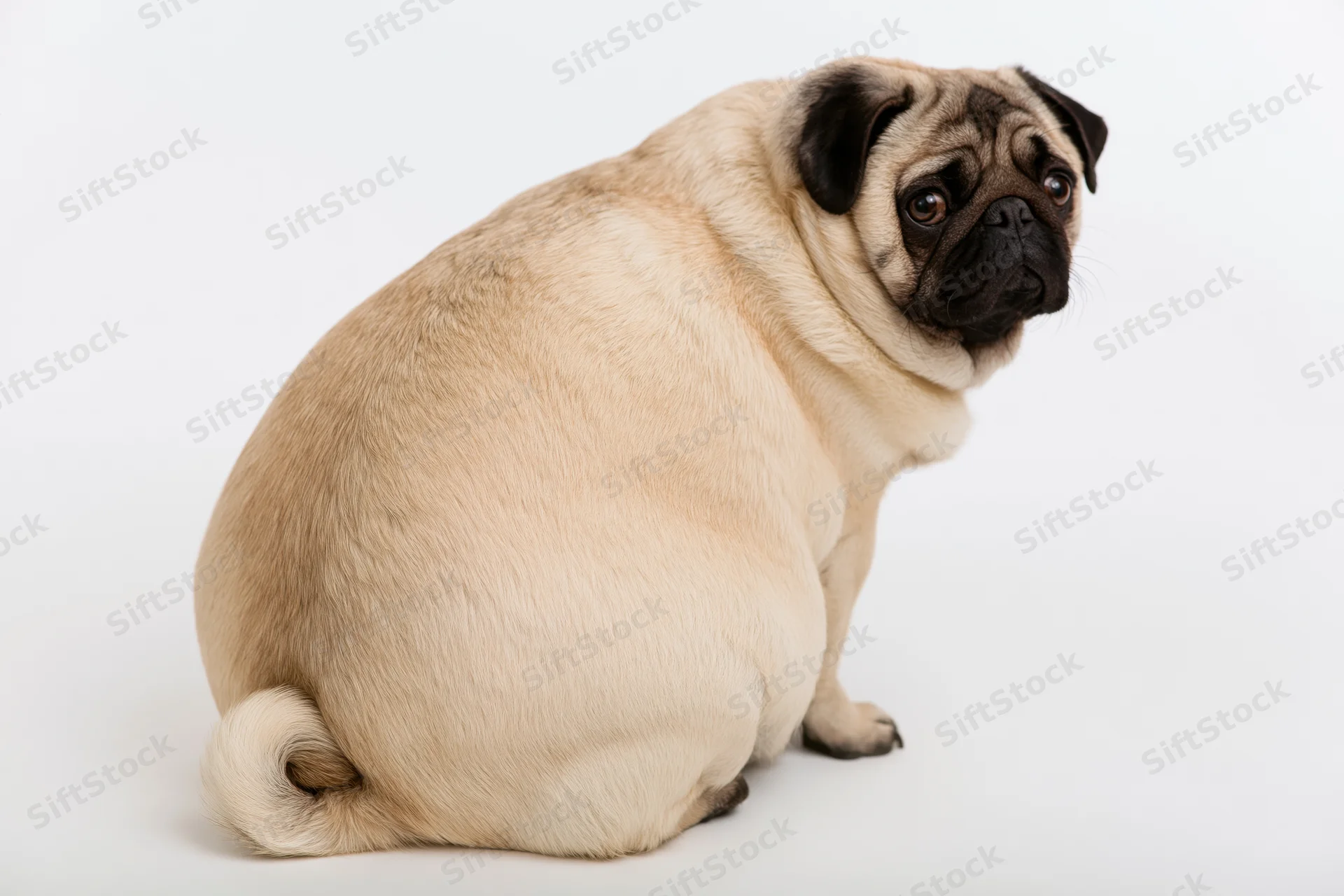 Chubby fawn pug sitting with back to camera and head turned to face viewer in studio setting