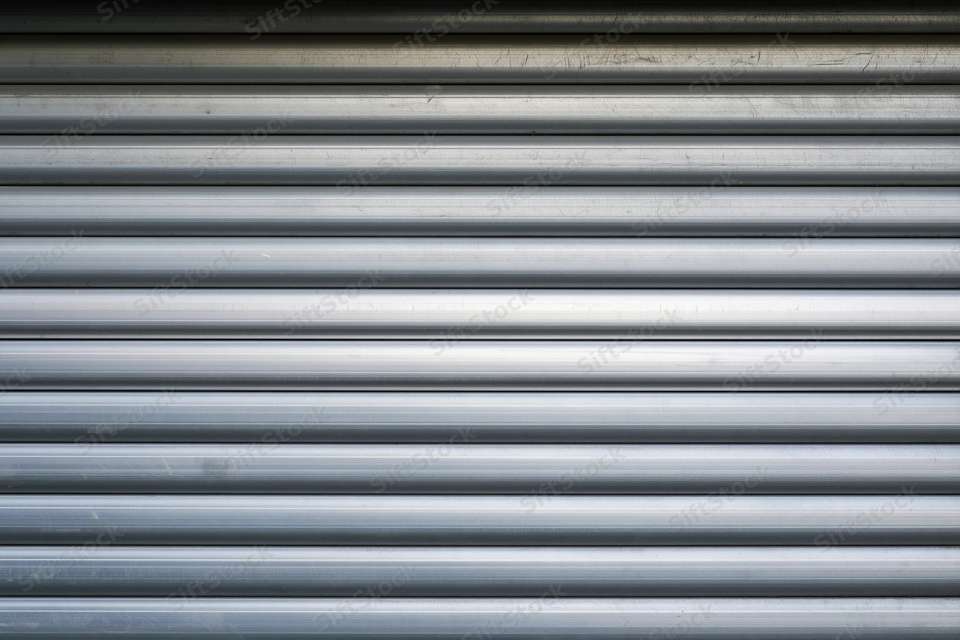 Close-up of a corrugated metal roller shutter door on a commercial building exterior