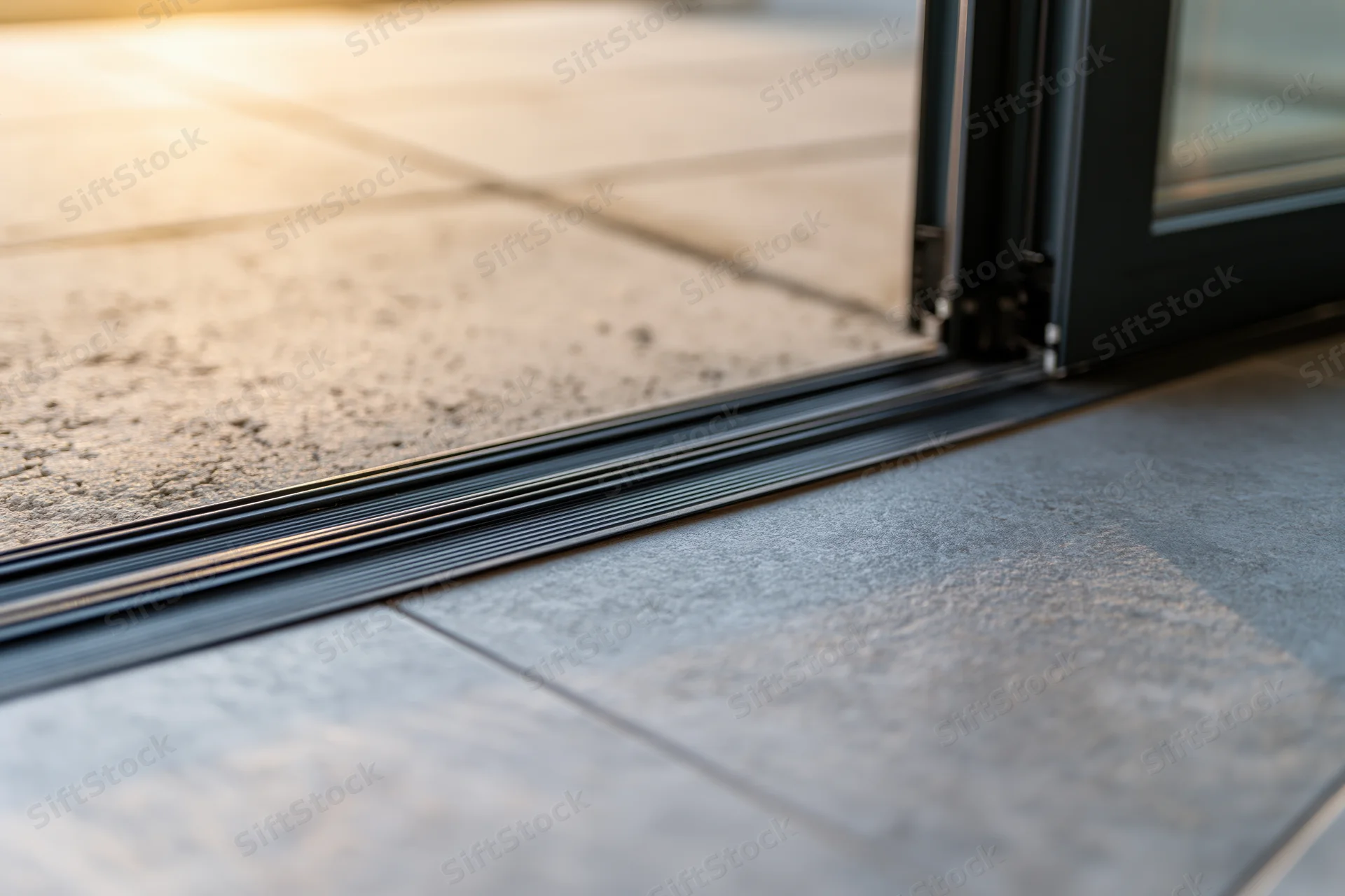 Close-up of black aluminum sliding door track at floor level between indoor tile and outdoor concrete