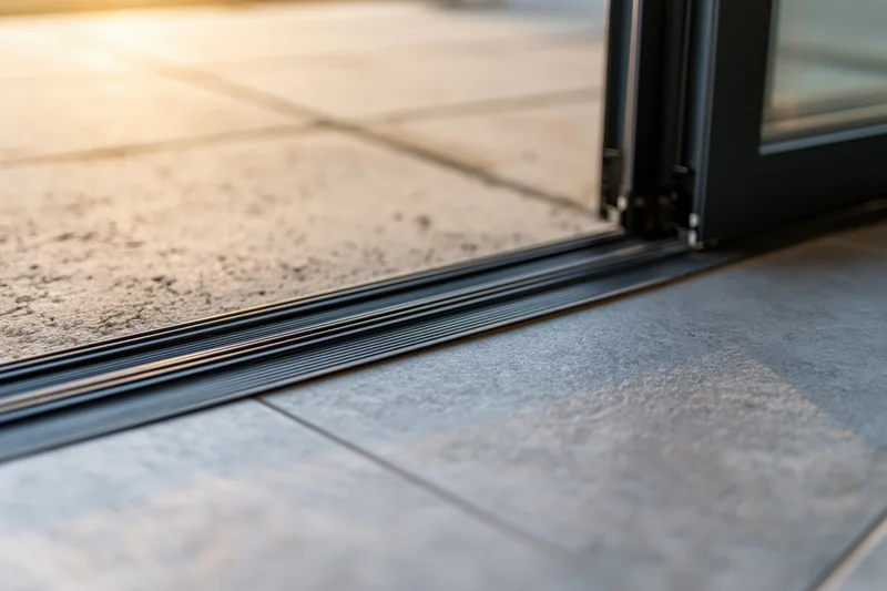 Close-up of black aluminum sliding door track at floor level between indoor tile and outdoor concrete