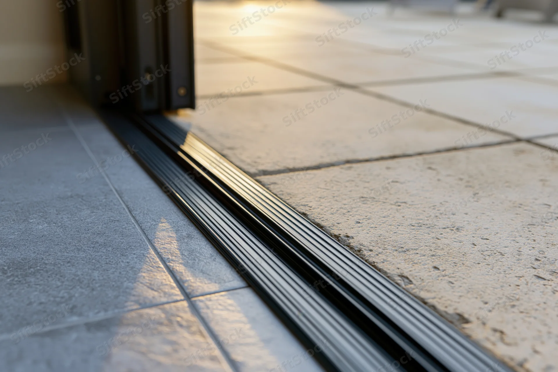 Close-up of black aluminum sliding door track at floor level between indoor tile and outdoor stone patio