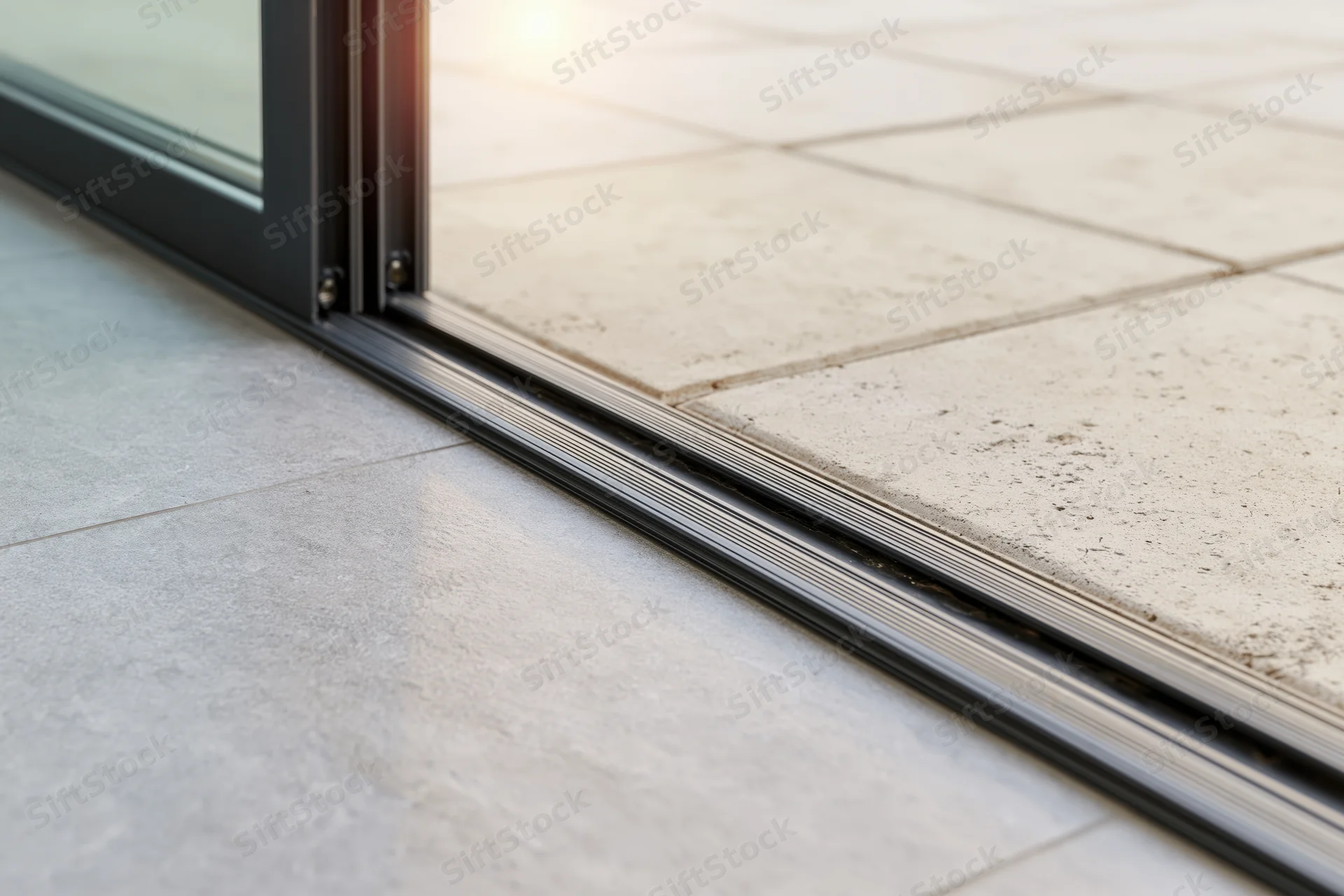 Close-up of black aluminum sliding door track at floor level between tiled interior and concrete exterior