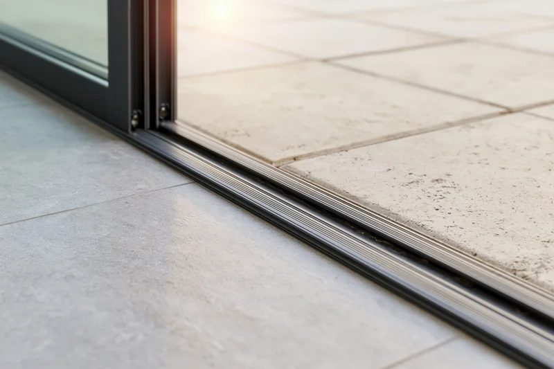 Close-up of black aluminum sliding door track at floor level between tiled interior and concrete exterior