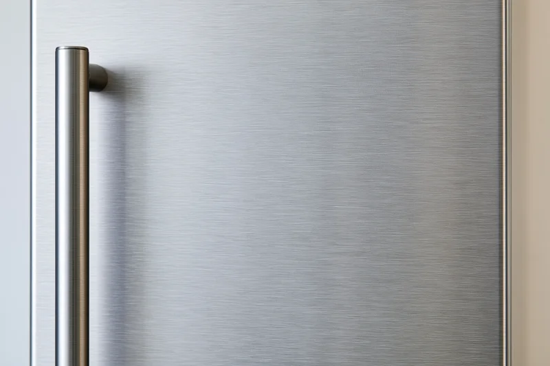 Close-up of a brushed stainless steel refrigerator door with vertical handle in a kitchen setting