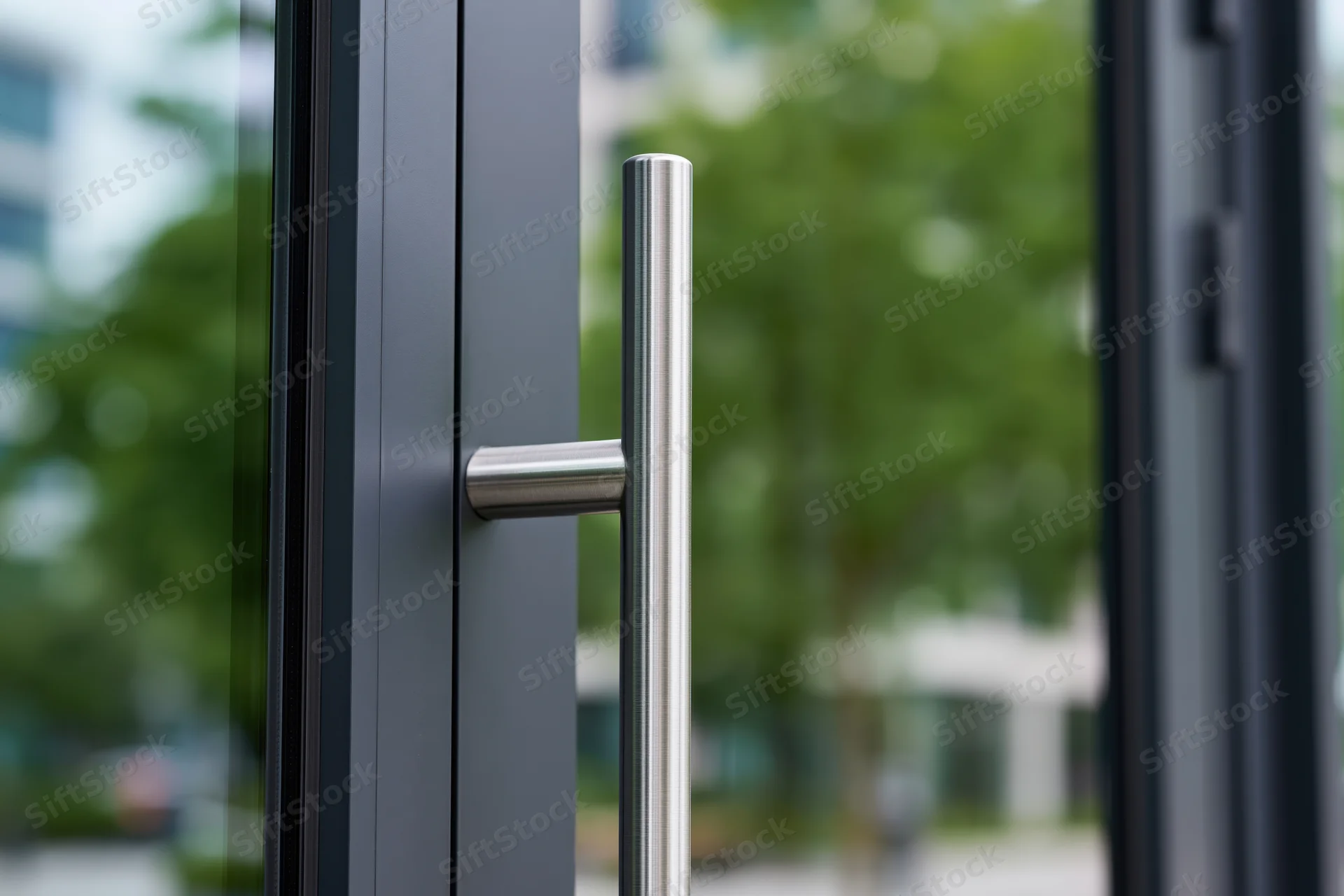 Close-up of a brushed stainless steel vertical door pull handle on a modern glass door frame