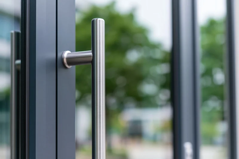 Close-up of a brushed stainless steel vertical door pull handle on a modern glass door exterior