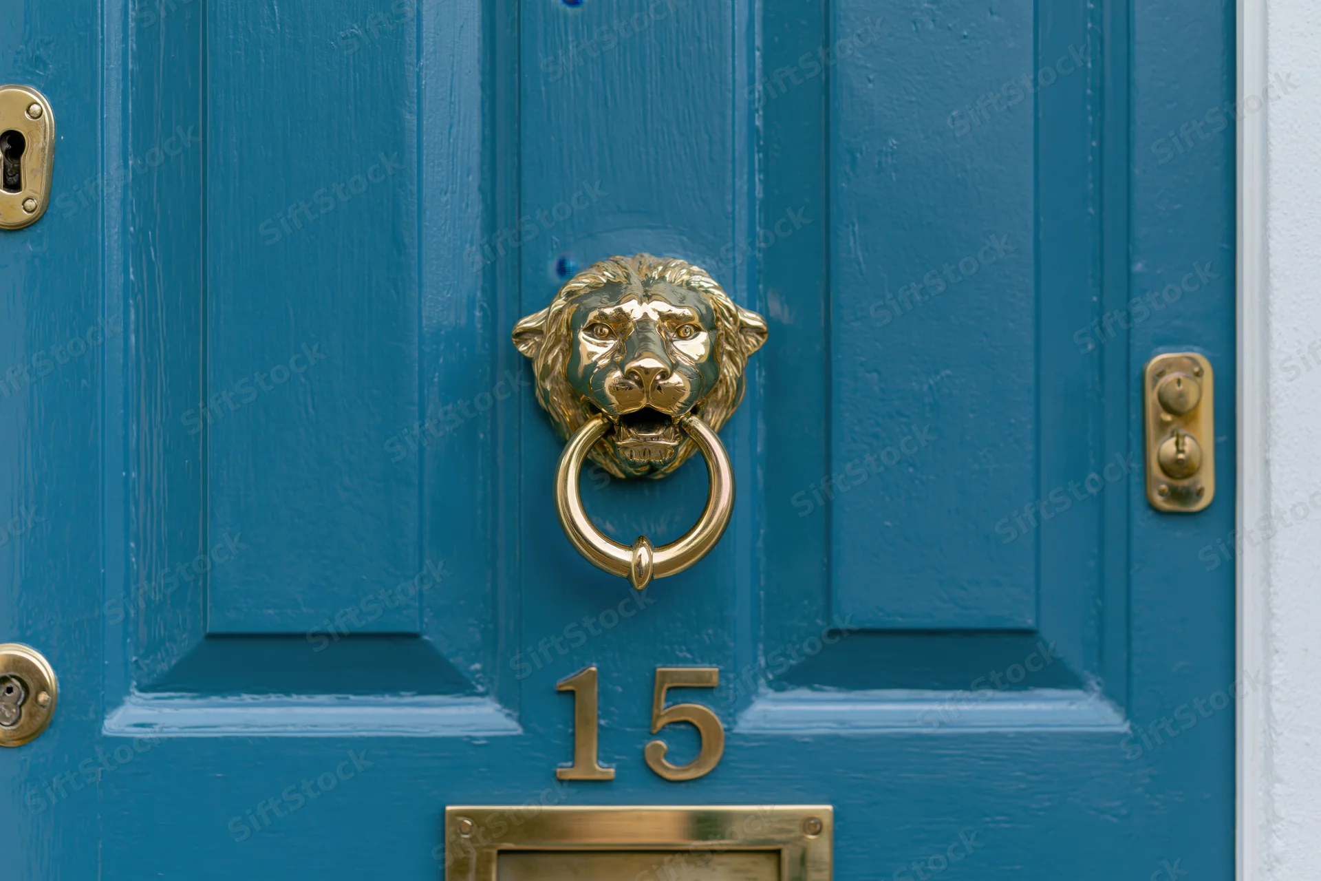 Close-up of a blue front door with a brass lion knocker and number 15 plate