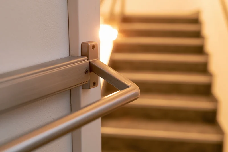 Close-up of a metal push-bar panic exit door hardware on a wall beside a staircase in a warmly lit interior corridor