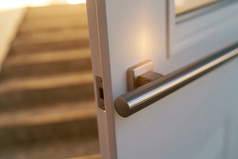 Close-up of a stainless steel pushbar on a white commercial exit door with staircase in background