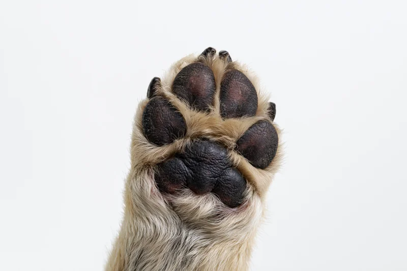 Closeup of a dog's paw raised upward showing the underside with black pads and beige fur against a white background