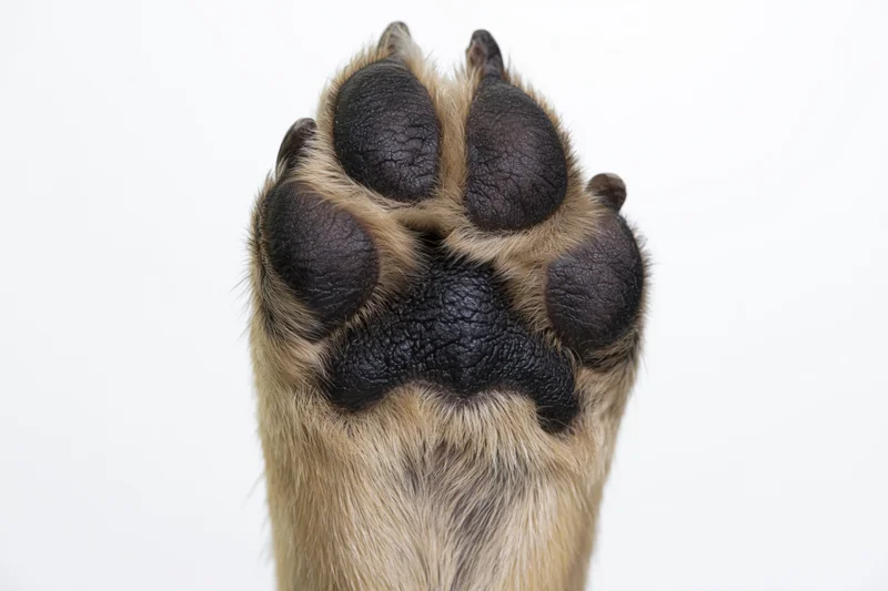 Closeup of a dog's paw raised upward showing the underside with black pads and beige fur against a white background