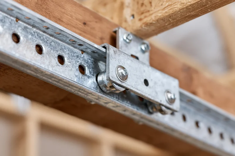 Close-up of galvanized steel garage door track and bracket attached to wooden beam