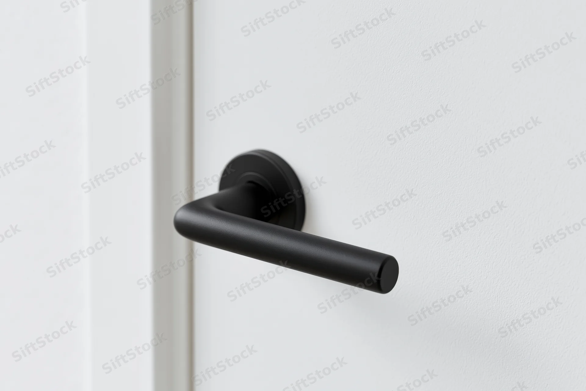 Matte black modern lever door handle on white door
