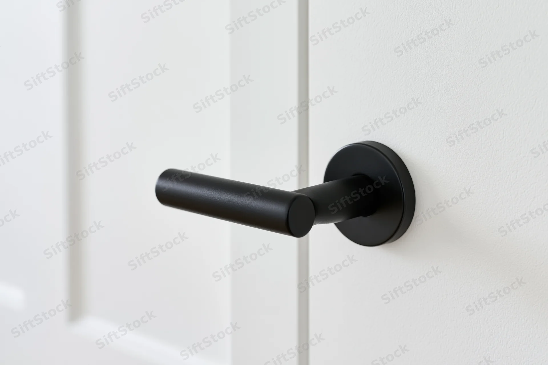 Matte black modern lever door handle mounted on a white interior door