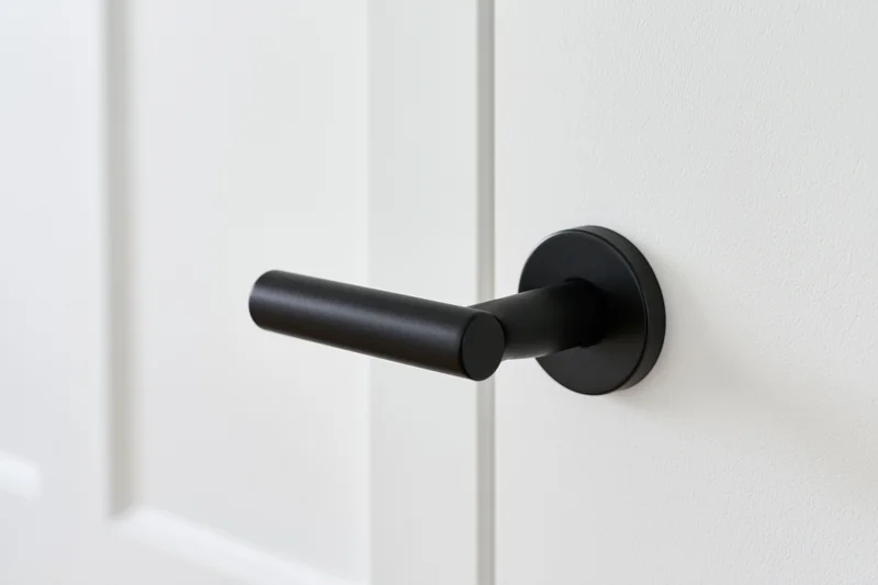 Matte black modern lever door handle mounted on a white interior door