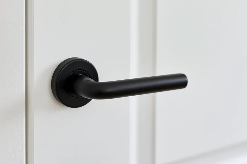 Close-up of a matte black modern lever door handle mounted on a white door