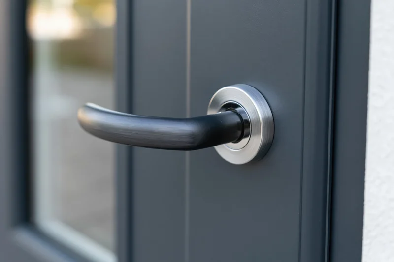 Close-up of a modern dark grey aluminum door with a black lever handle and chrome euro lock plate
