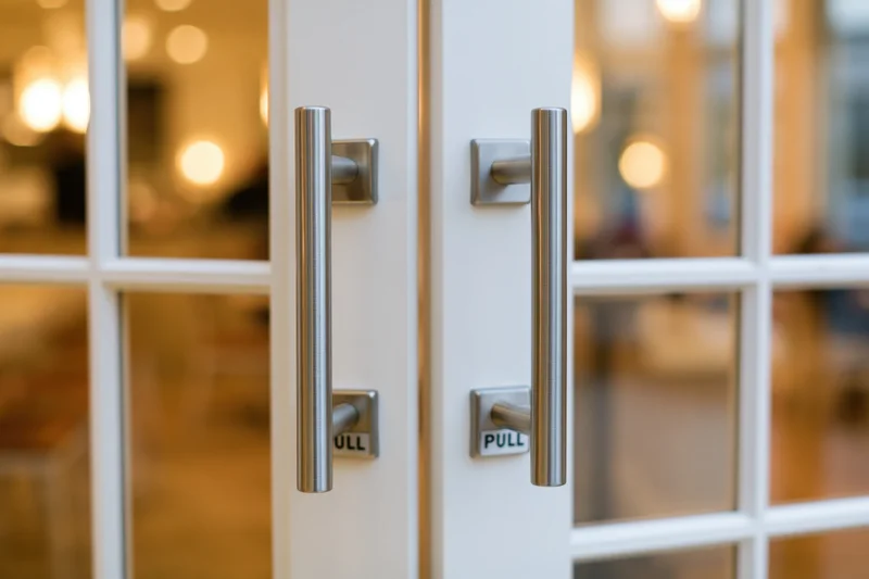Close-up of double glass doors with stainless steel handles and pull signs, interior entrance view