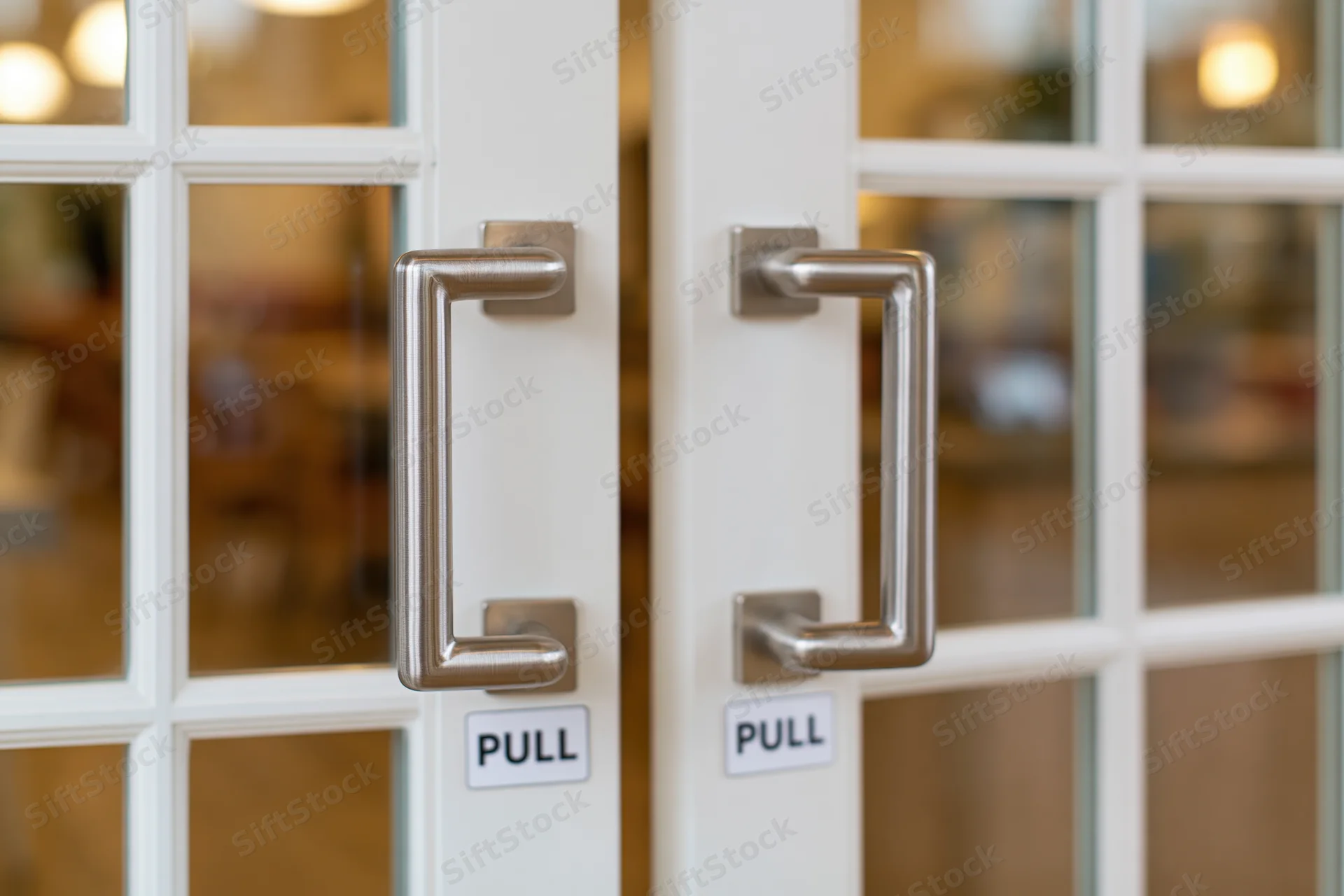 Close-up of double glass doors with metal pull handles and pull signs on white frames