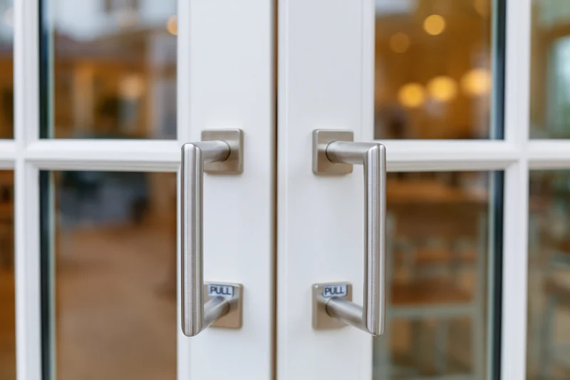 Close-up of double glass doors with stainless steel handles and pull signs