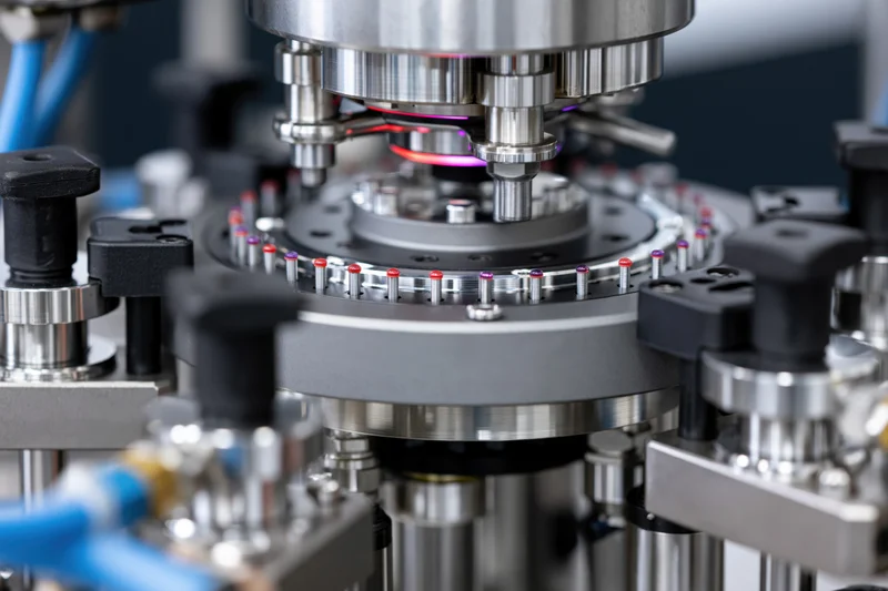 Close-up of a rotary filling machine in a pharmaceutical manufacturing setting