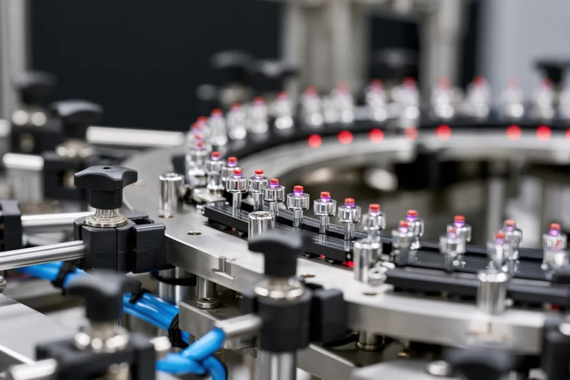 Close-up of a rotary filling machine in a pharmaceutical manufacturing plant