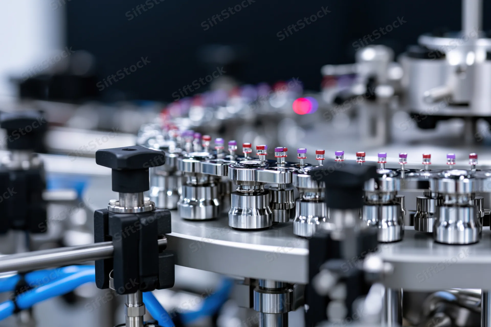 Close-up of rotary filling machine components in industrial pharmaceutical production line