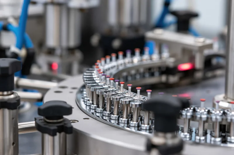 Close-up of a rotary filling machine in a pharmaceutical production facility