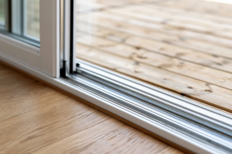 Close-up of white aluminum sliding glass door track and frame at indoor-outdoor transition