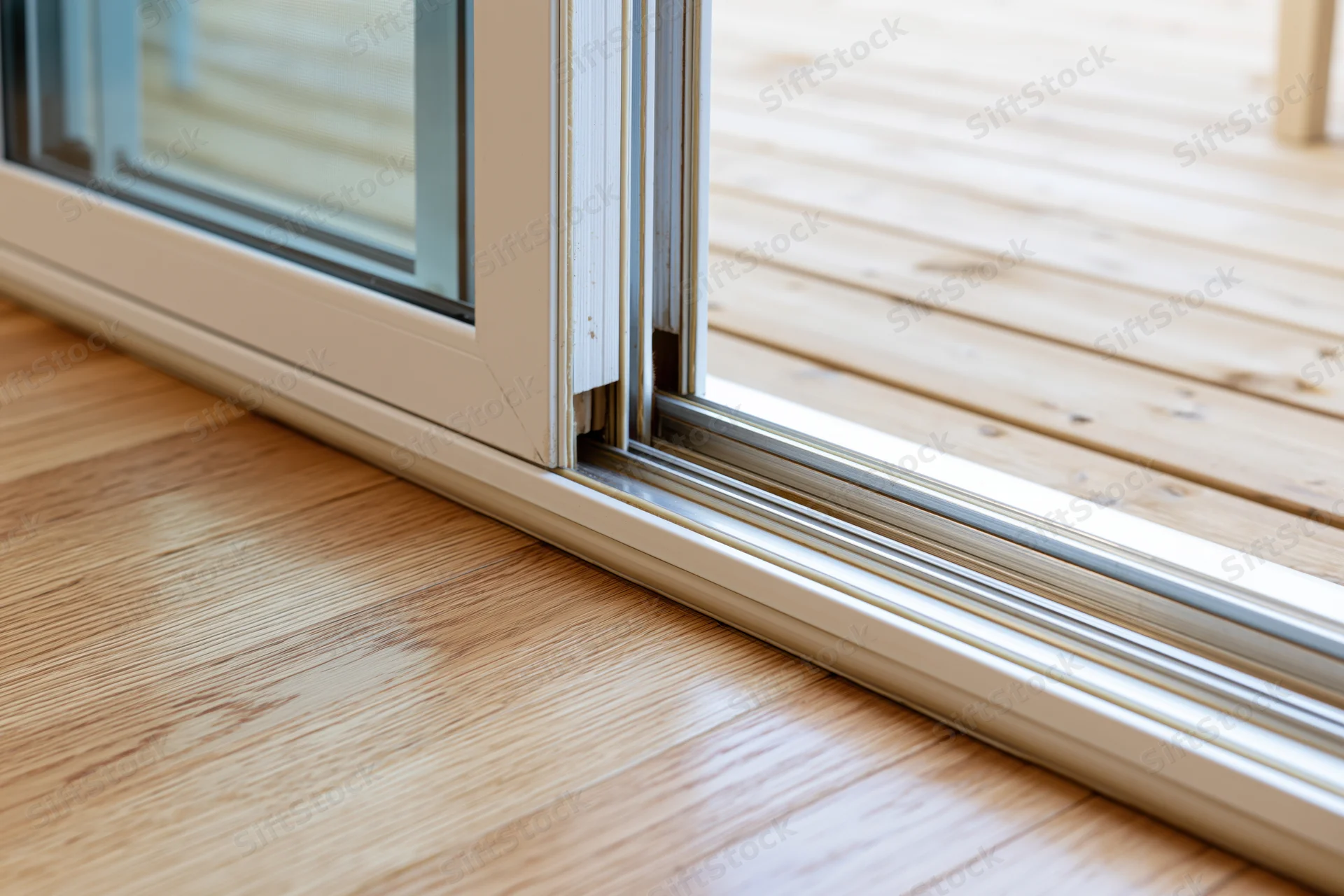 Close-up of white aluminum sliding glass door track and frame at indoor-outdoor transition