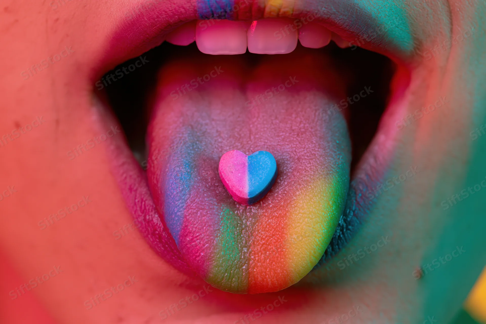 Woman's open mouth with tongue extended showing rainbow-colored tongue and heart-shaped candy on it